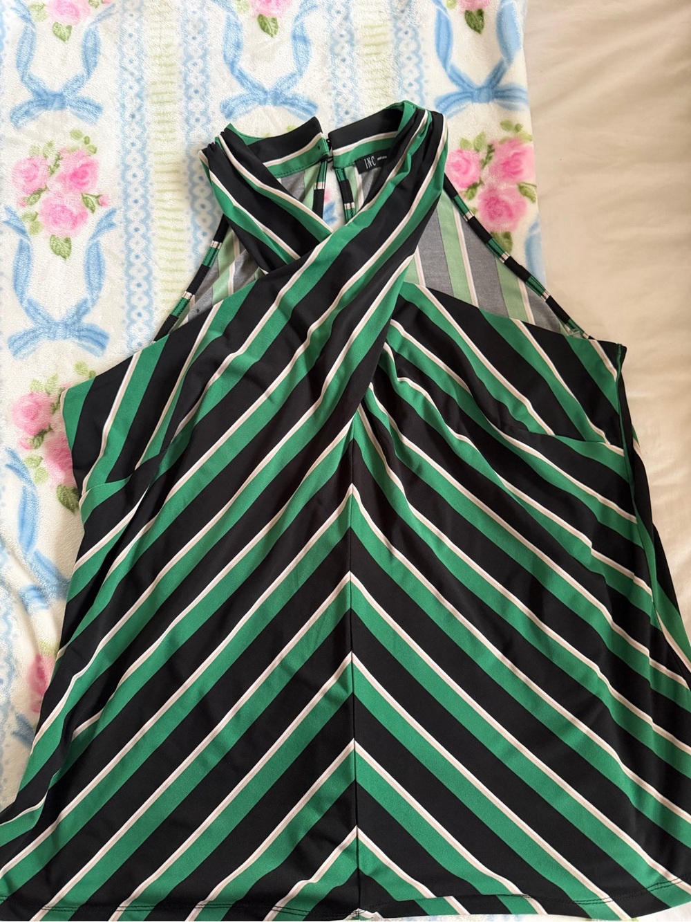INC International Concepts Green, Black & White Striped Halter Top